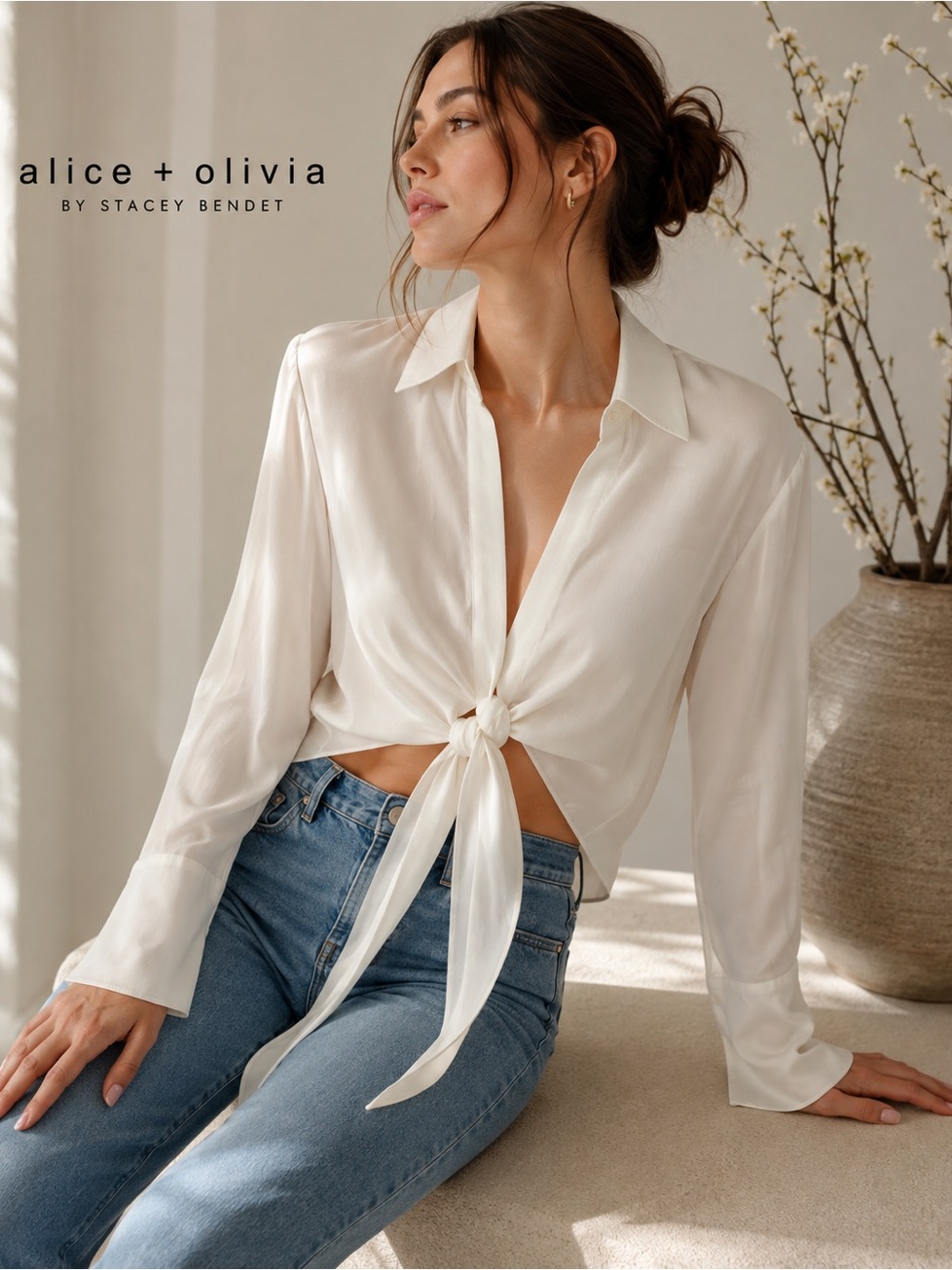 Alice + Olivia Hannon Tie Front Blouse M Off White 100% Cupro $295 Quiet Luxury